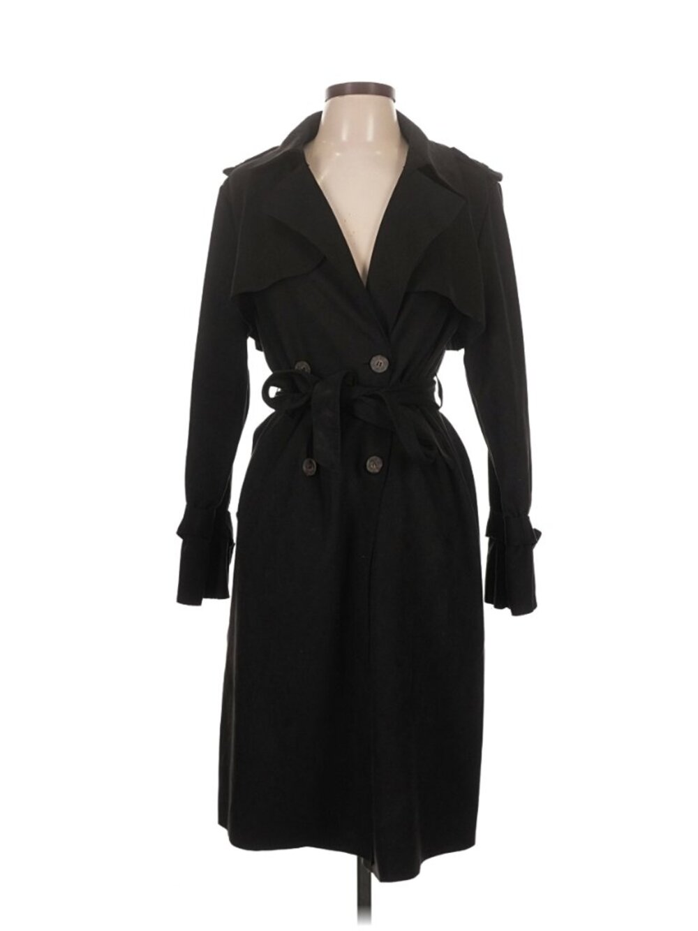 Forever 21 Black Trench Coat Belted Double Breasted Longline L